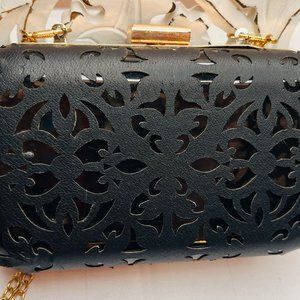 Black Cutout Leather Clutch – 1990s – Gold Trim